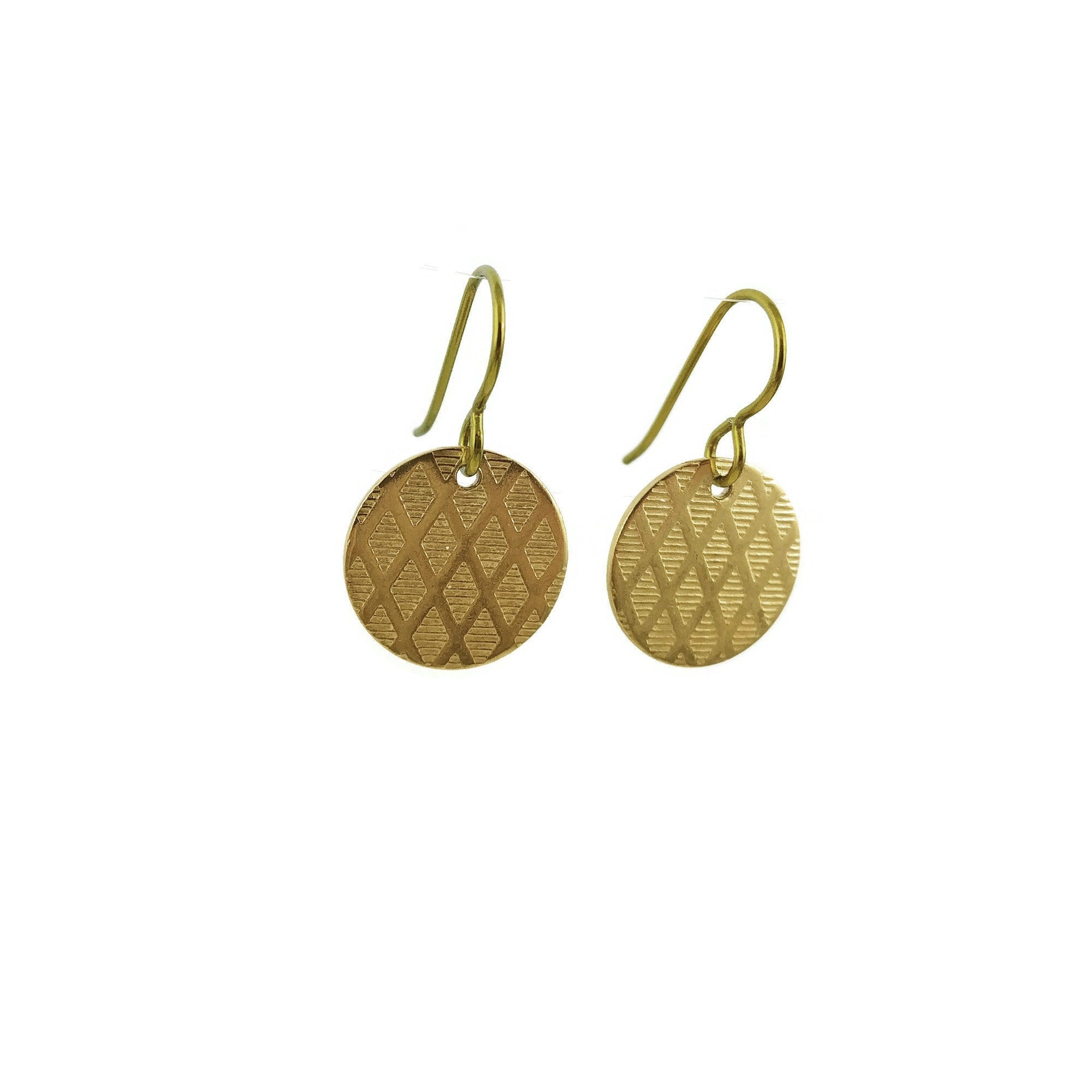 Gold circle dangle niobium earrings - Stainless harlequin pattern drop earrings