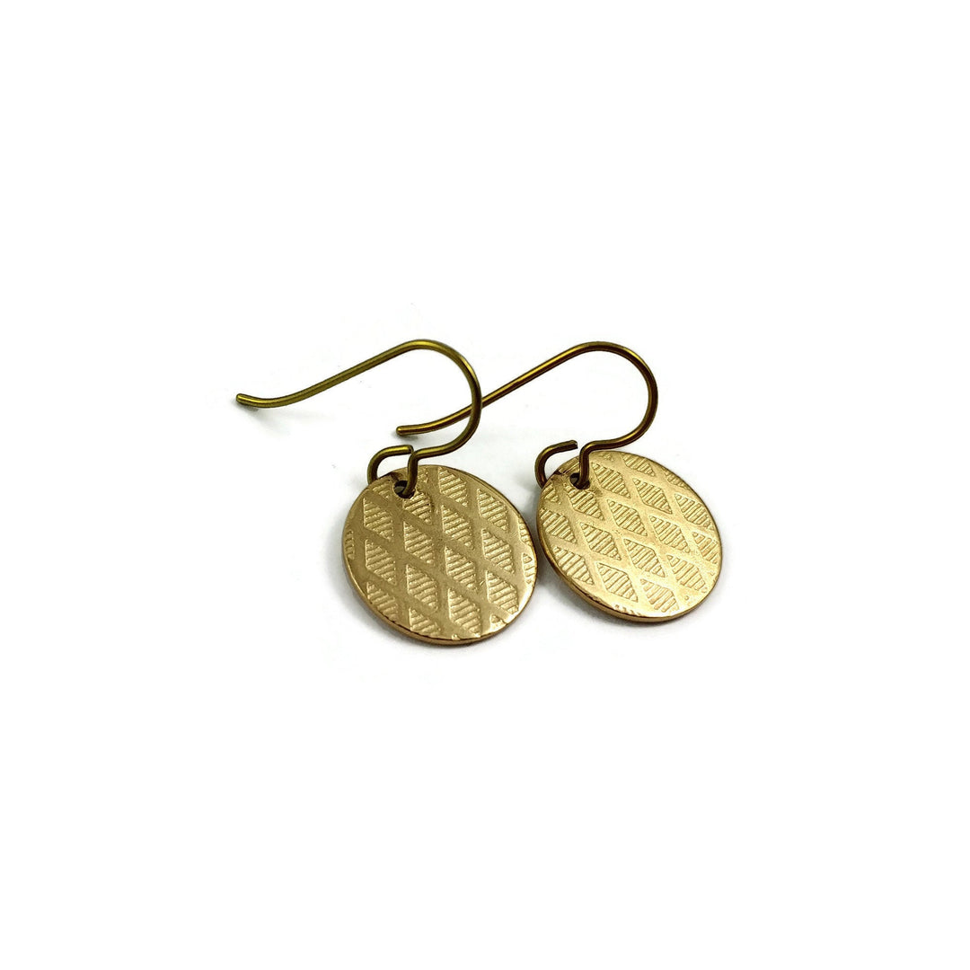 Gold circle dangle niobium earrings - Stainless harlequin pattern drop earrings