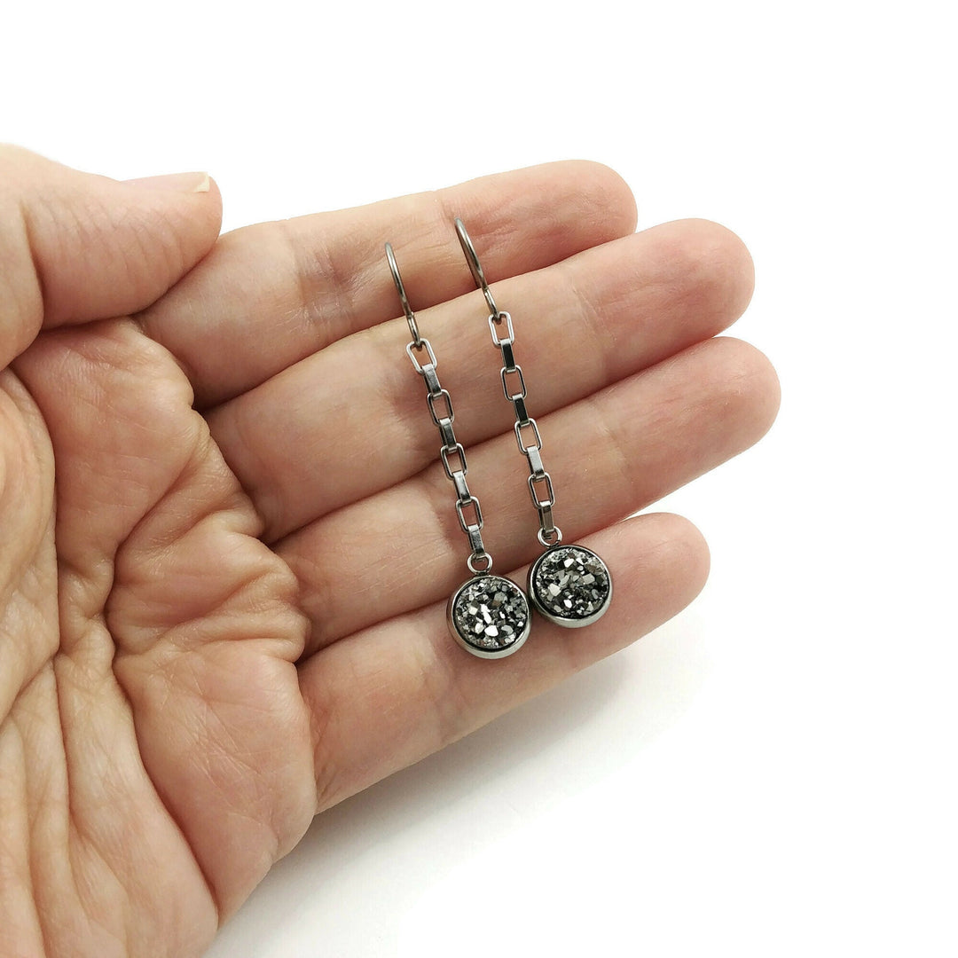 Druzy silver chain dangle earrings - Hypoallergenic pure titanium and stainless steel