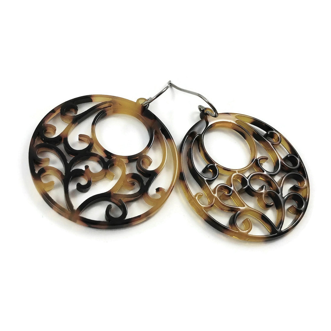 Brown hollow hoops dangle earrings - Hypoallergenic pure titanium and acrylic earrings