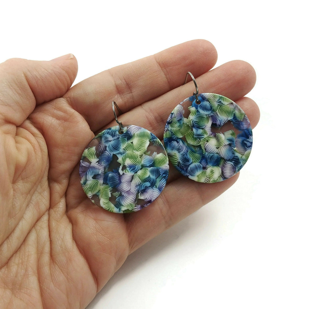 Blue and green tropical round dangle earrings - Hypoallergenic pure titanium and acrylic earrings