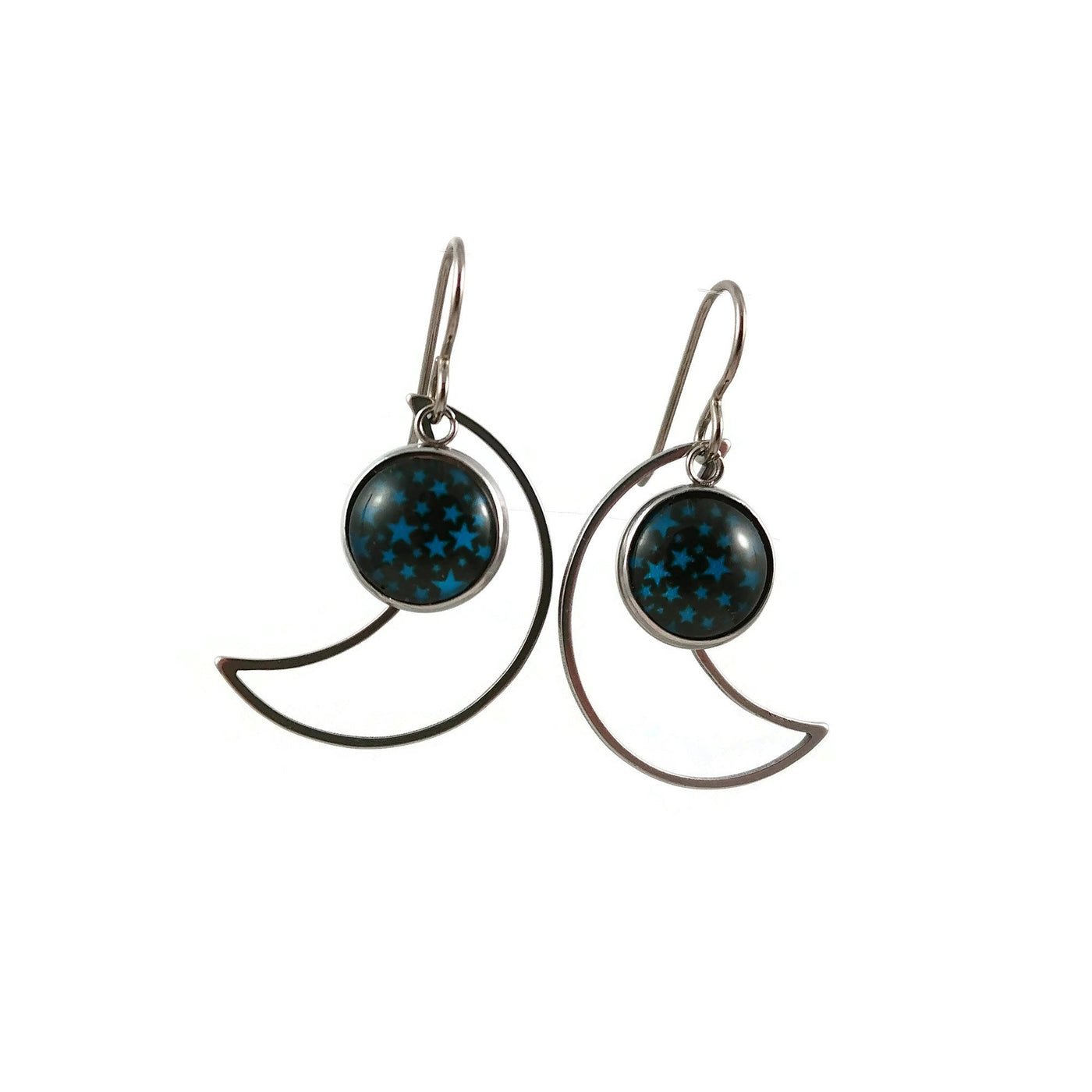 Moon and blue star charm dangle earrings - Hypoallergenic pure titanium, resin and stainless steel