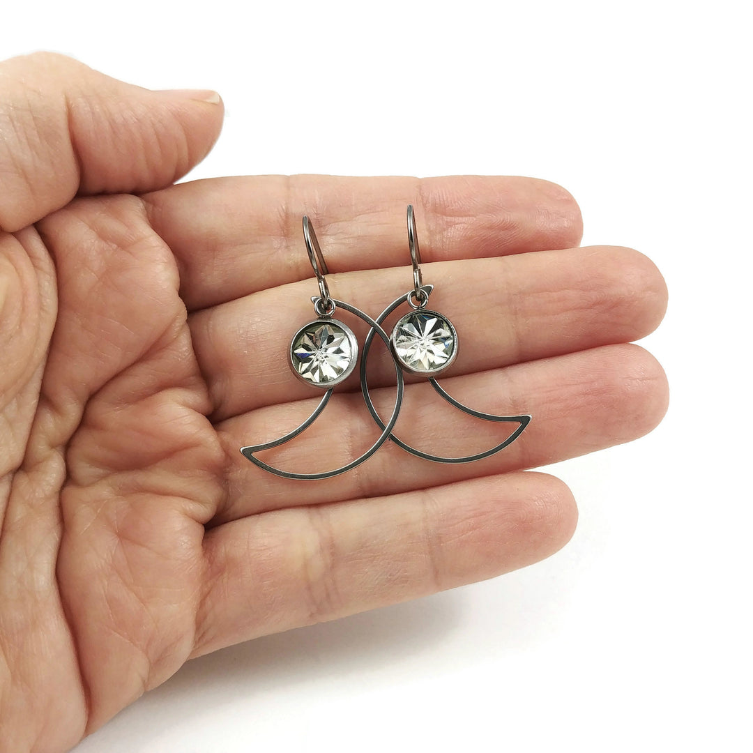 Moon and faceted charm dangle earrings - Hypoallergenic pure titanium, acrylic and stainless steel