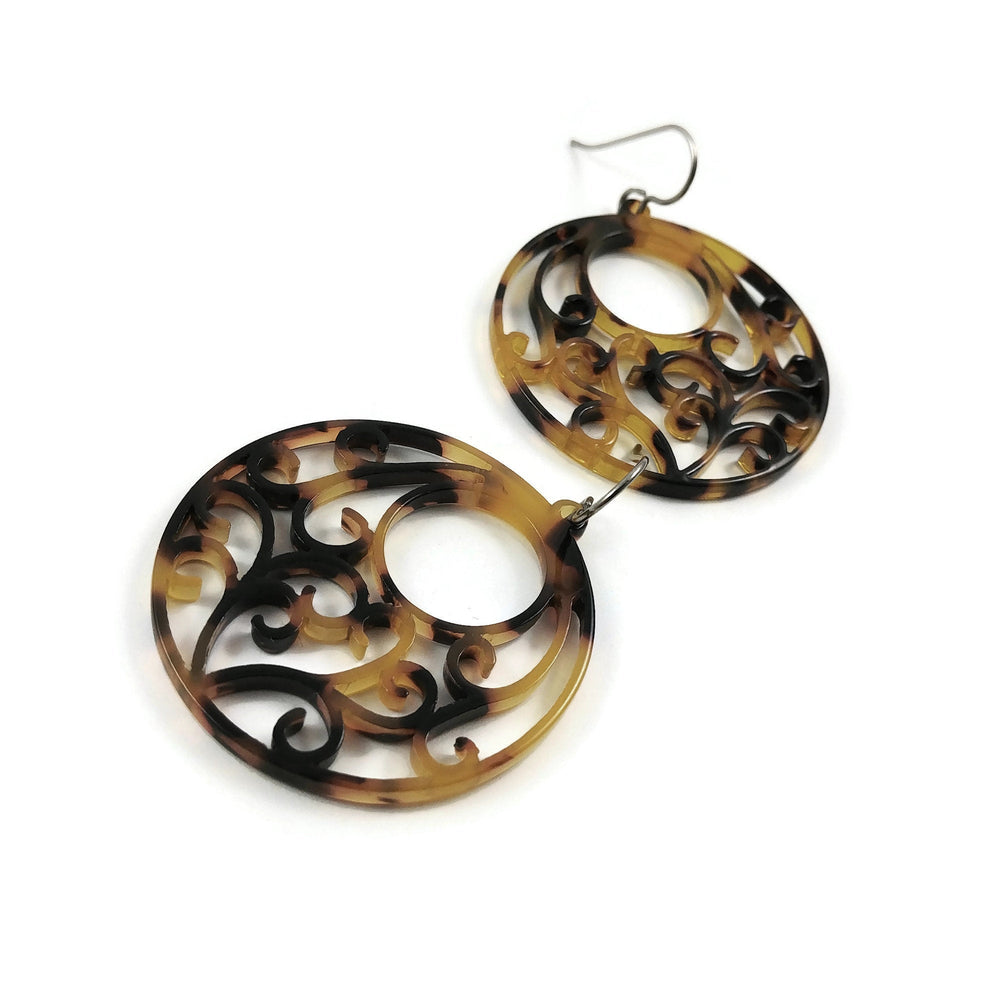 Brown hollow hoops dangle earrings - Hypoallergenic pure titanium and acrylic earrings