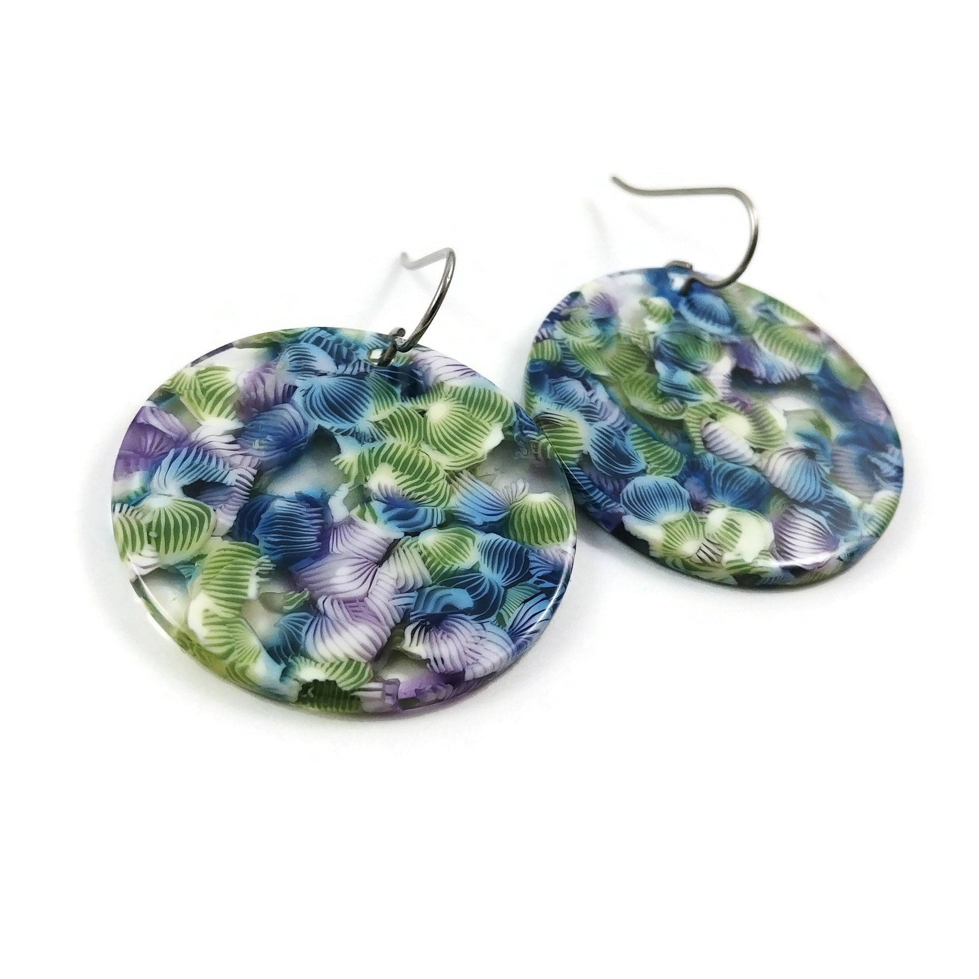 Acrylic blue and green tropical round dangle titanium earrings