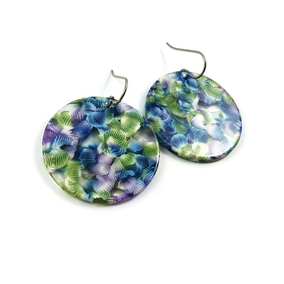 Blue and green tropical round dangle earrings - Hypoallergenic pure titanium and acrylic earrings