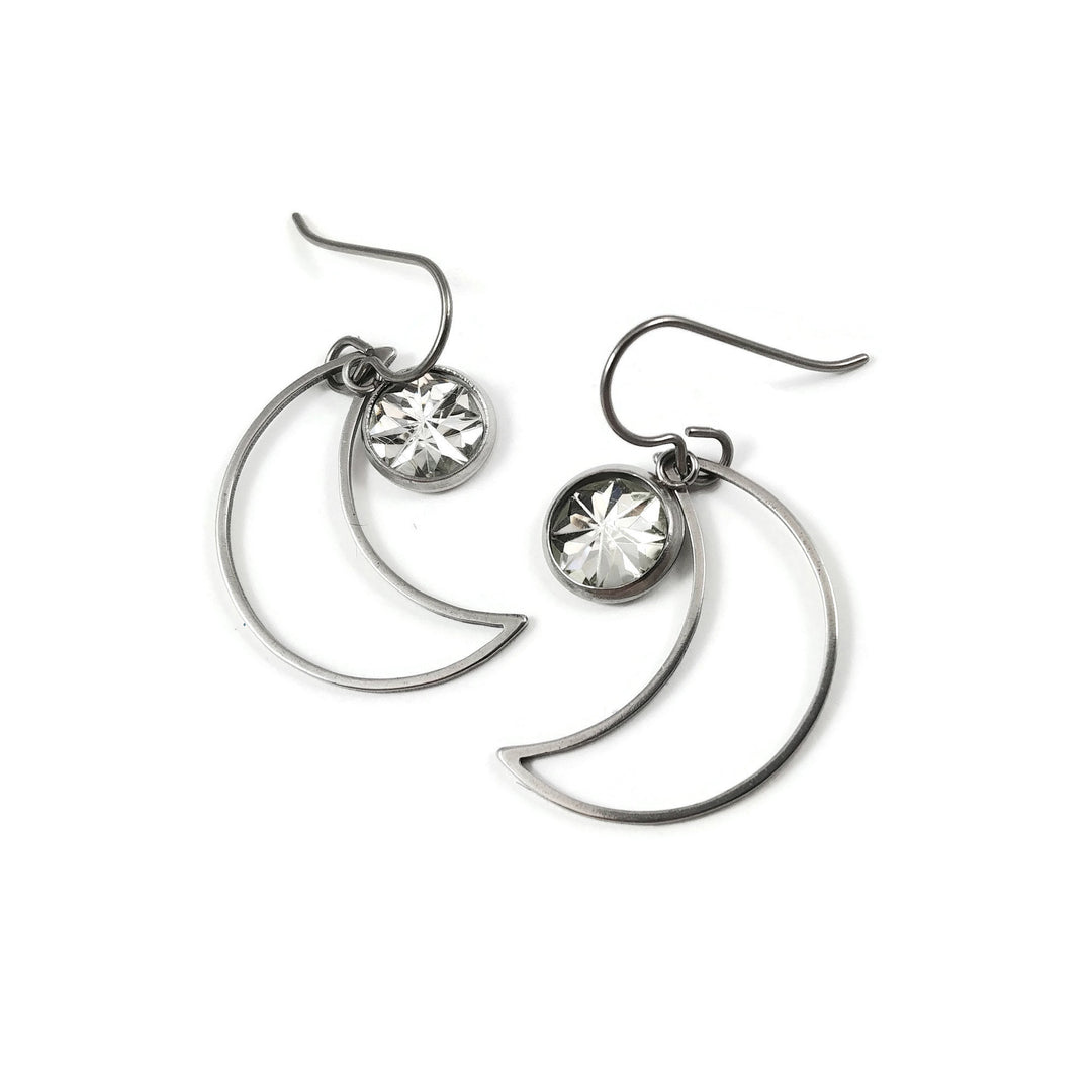 Moon and faceted charm dangle earrings - Hypoallergenic pure titanium, acrylic and stainless steel