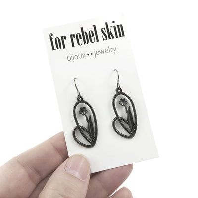 Flower and oval gunmetal dangle earrings - Hypoallergenic nickel free, lead free and cadmium free