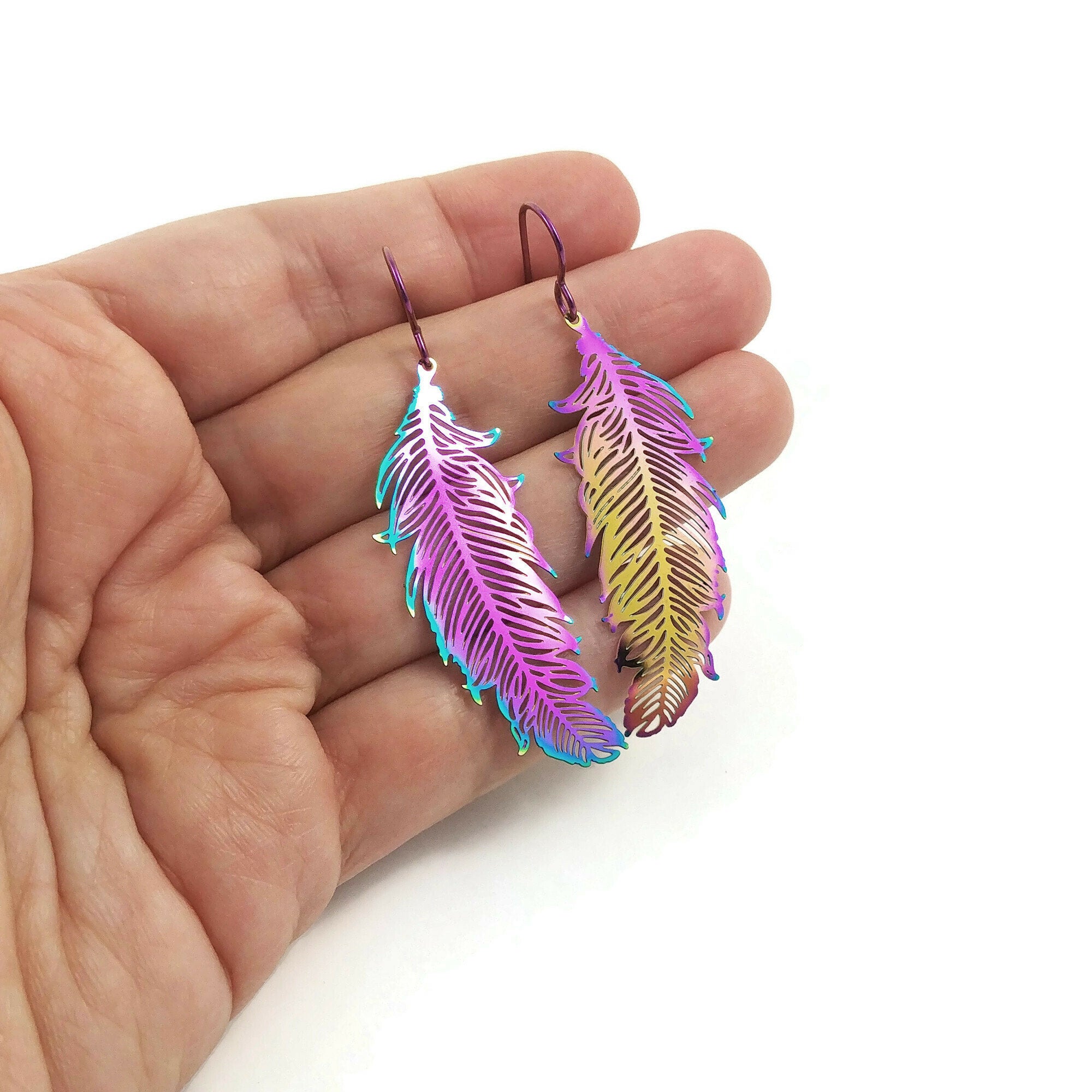 Rainbow filigree boho drop dangle niobium earrings - Hypoallergenic feather earrings