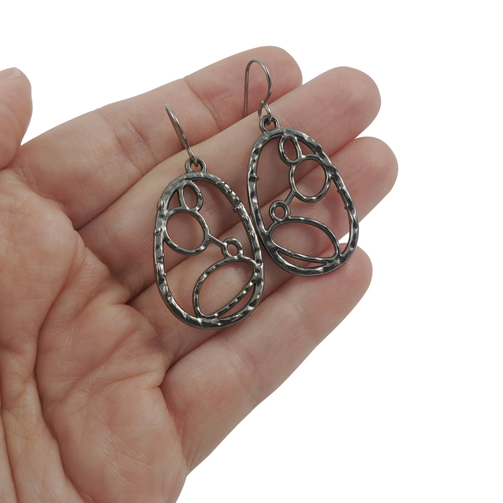 Organic oval gunmetal dangle earrings - Hypoallergenic nickel free, lead free and cadmium free