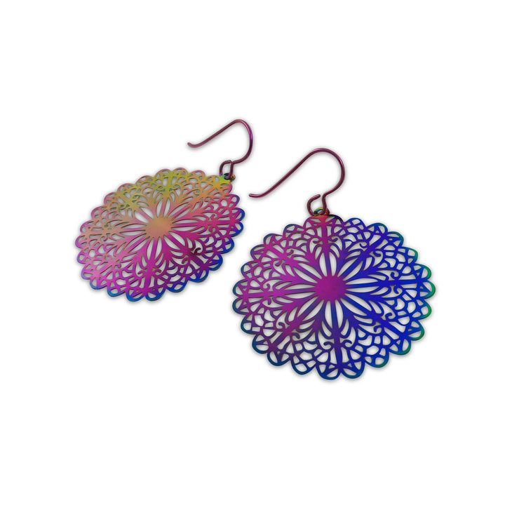 Rainbow filigree flower drop dangle niobium earrings - Hypoallergenic feather earrings