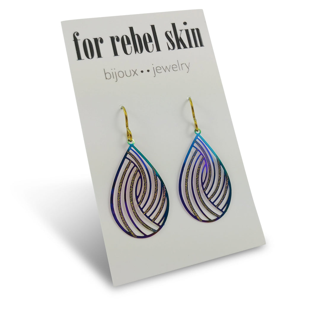 Rainbow filigree teardrop dangle niobium earrings - Hypoallergenic feather earrings