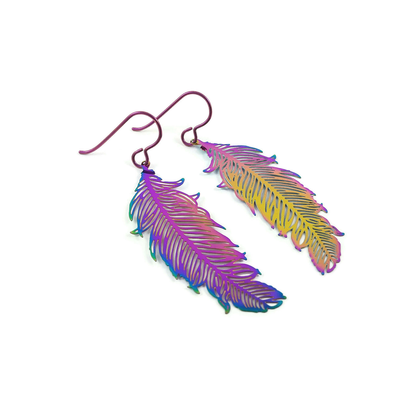 Rainbow filigree boho drop dangle niobium earrings - Hypoallergenic feather earrings
