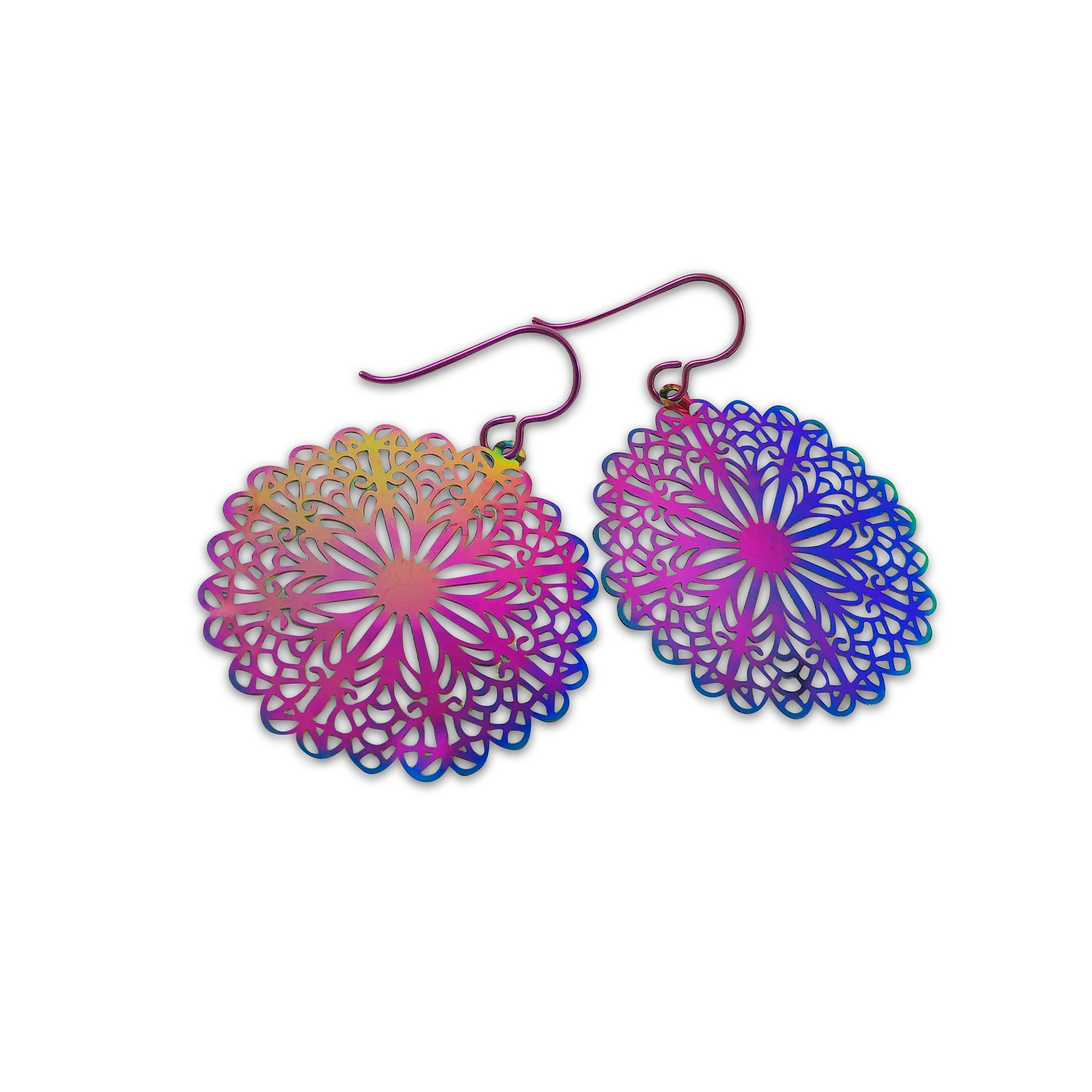 Rainbow filigree flower drop dangle niobium earrings - Hypoallergenic feather earrings