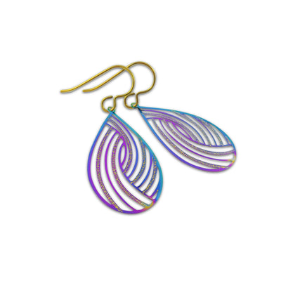 Rainbow filigree teardrop dangle niobium earrings - Hypoallergenic feather earrings
