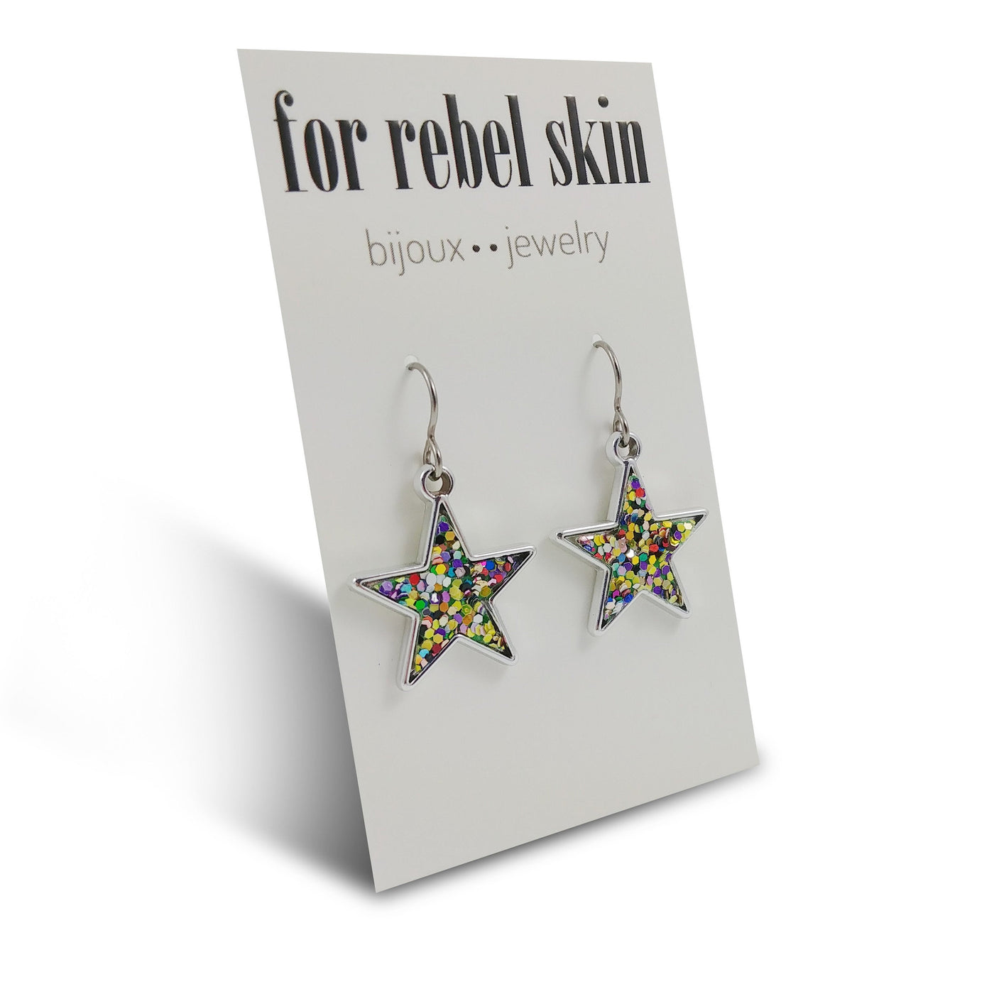 Silver star with glitter, sequins, paillette dangle earrings - Hypoallergenic pure titanium and acrylic