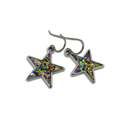 Silver star with glitter, sequins, paillette dangle earrings - Hypoallergenic pure titanium and acrylic
