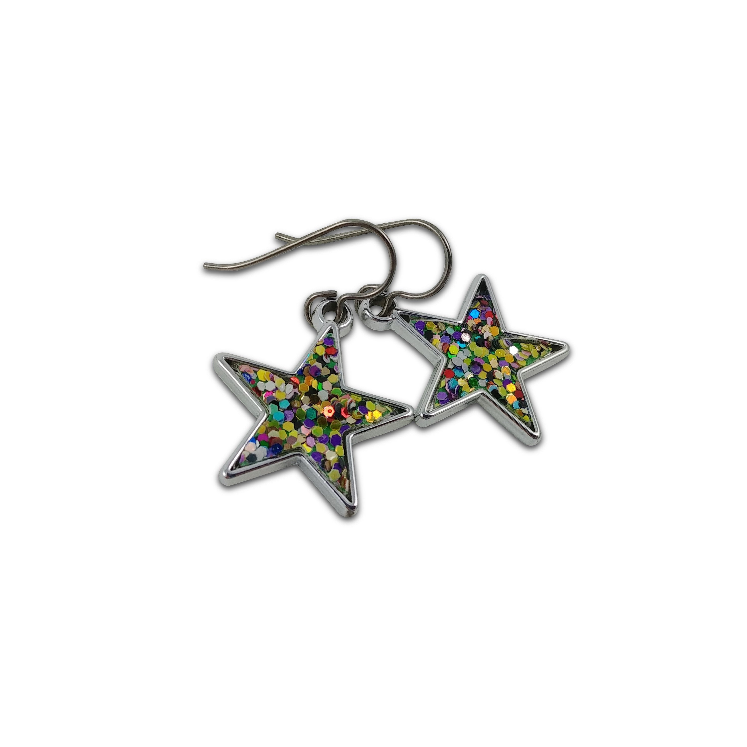 Silver star with glitter, sequins, paillette dangle earrings - Hypoallergenic pure titanium and acrylic