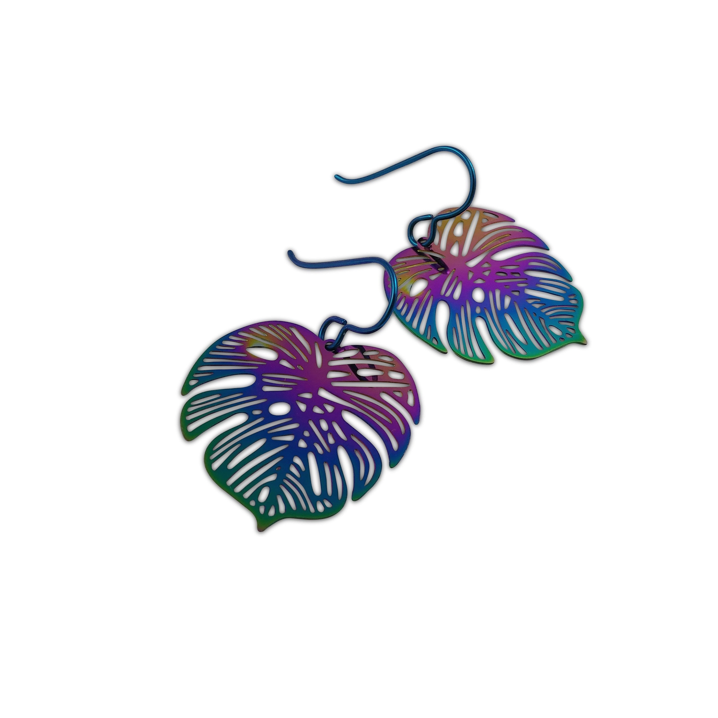 Palm leaf earrings, Rainbow filigree dangle earrings, Lightweight botanical earrings, Monstera plant lover gift idea