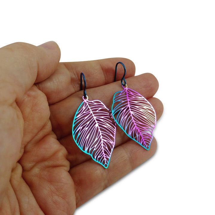 Leaf dangle earrings, Colorful plant drop earrings, Lightweight botanical earrings, Nature lover gift jewelry