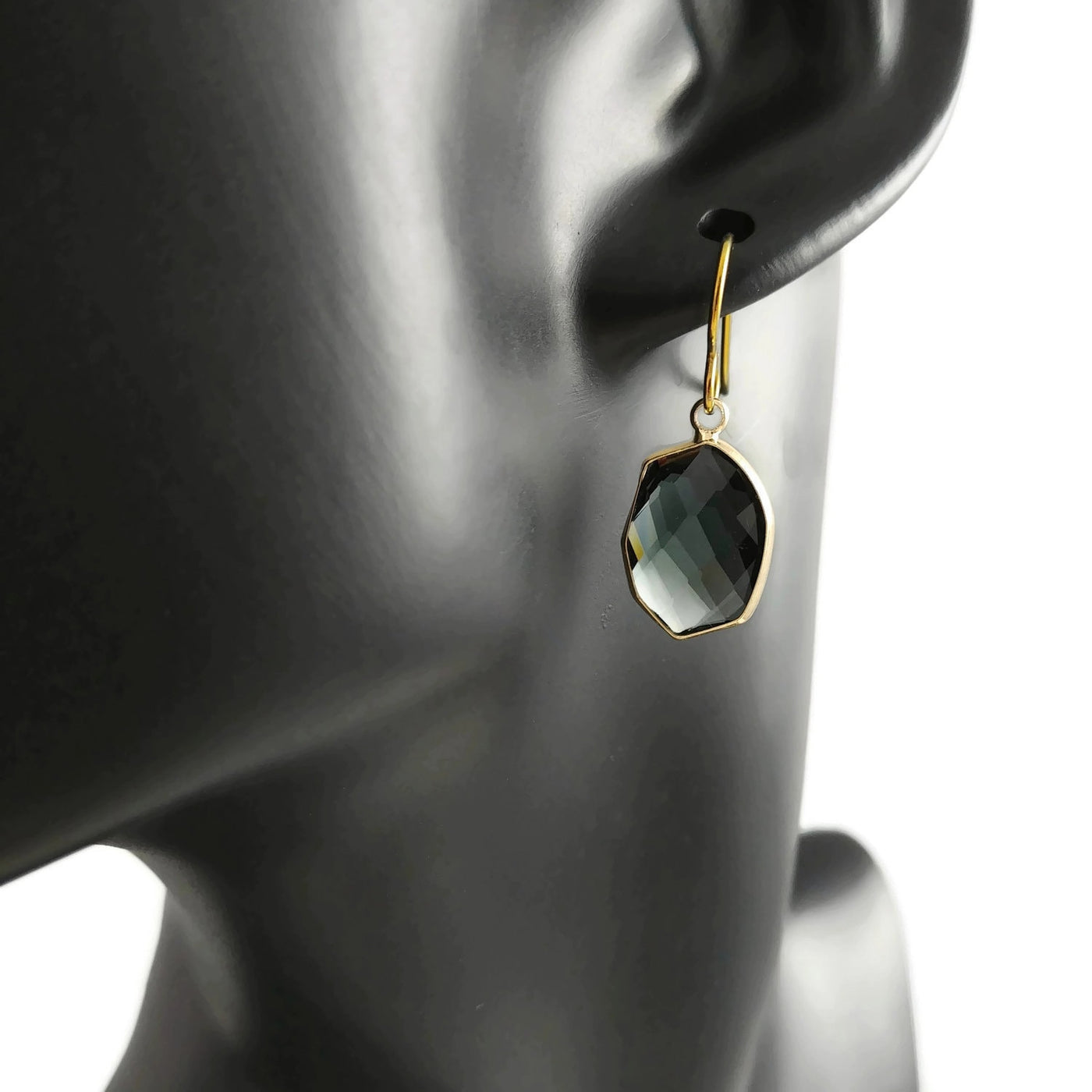 Black crystal dangle earrings, Gold wrapped crystal earrings, Faceted oval drop earrings, Nickel free jewelry