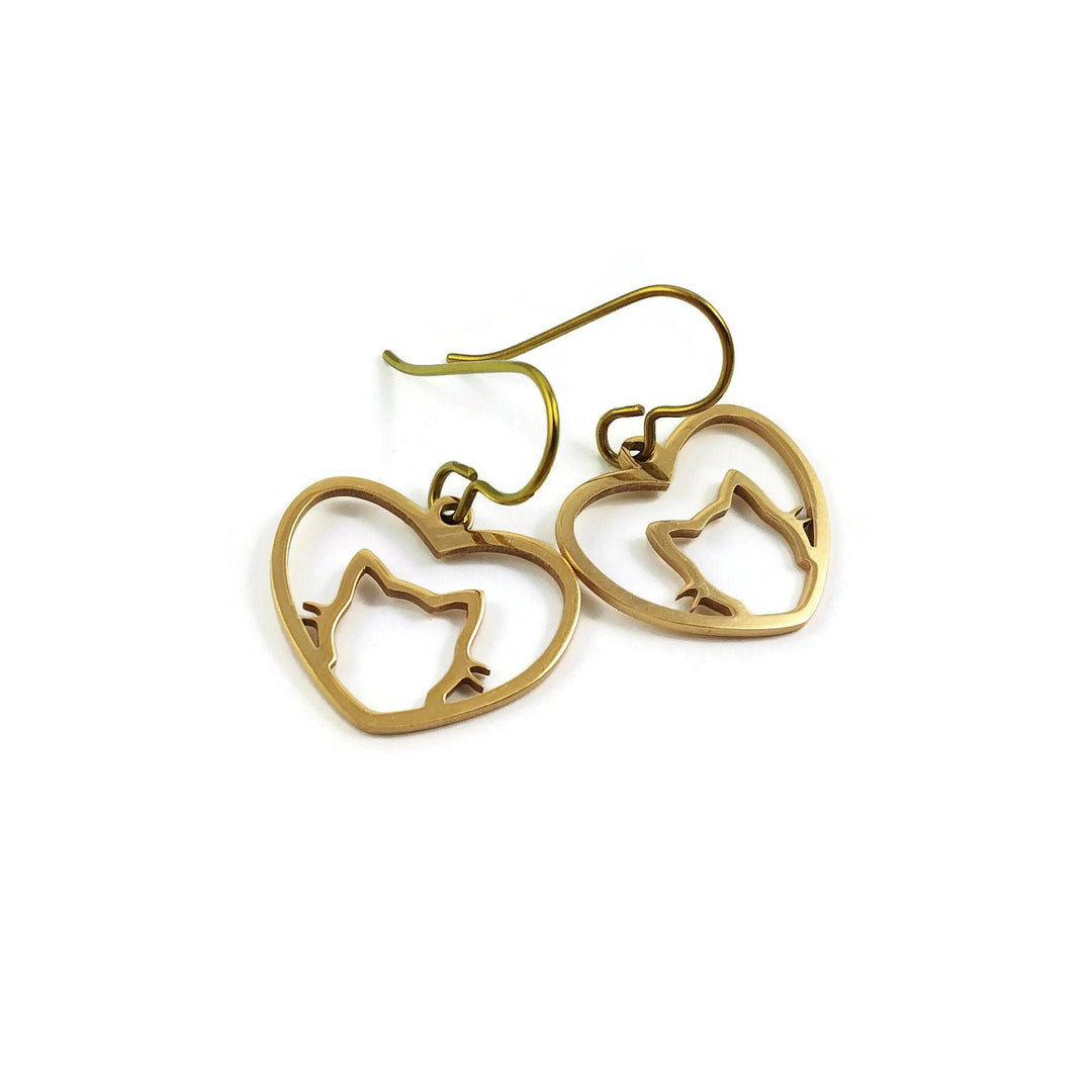 Gold cat dangle earrings, Cat lover gift idea, Heart earrings, Cute birthday gift for her, Hypoallergenic niobium jewelry