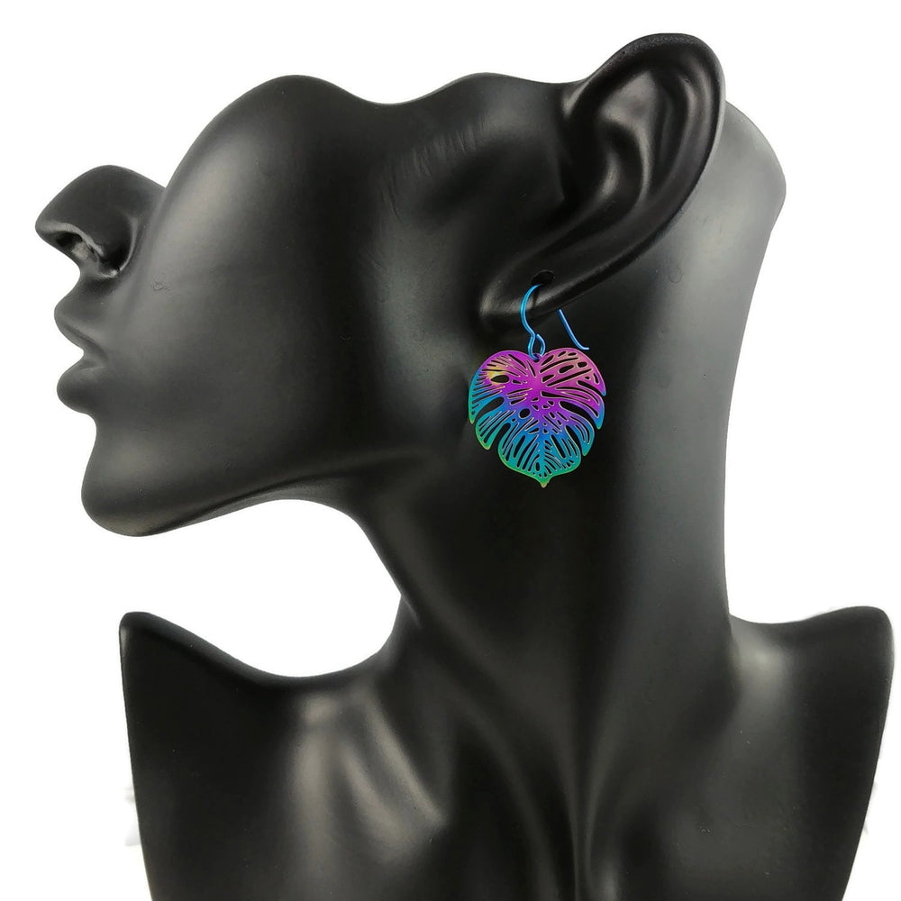 Palm leaf earrings, Rainbow filigree dangle earrings, Lightweight botanical earrings, Monstera plant lover gift idea