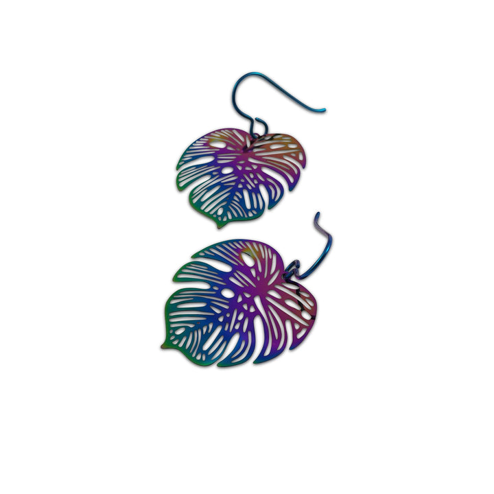 Palm leaf earrings, Rainbow filigree dangle earrings, Lightweight botanical earrings, Monstera plant lover gift idea