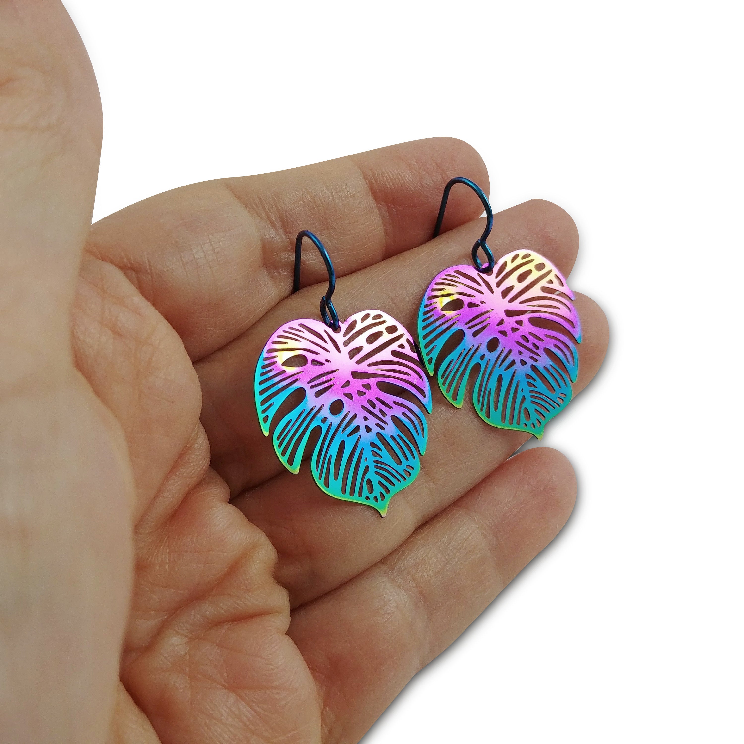 Palm leaf earrings, Rainbow filigree dangle earrings, Lightweight botanical earrings, Monstera plant lover gift idea