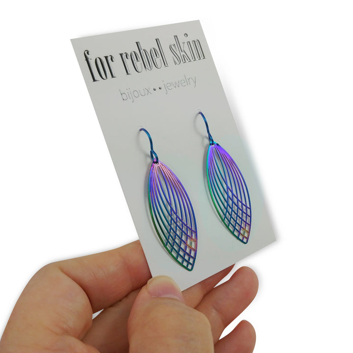 Long oval ellipse rainbow earrings - Hypoallergenic niobium and stainless steel