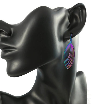 Long oval ellipse earrings, Rainbow filigree dangle earrings, Lightweight colorful earrings, Hypoallergenic niobium jewelry
