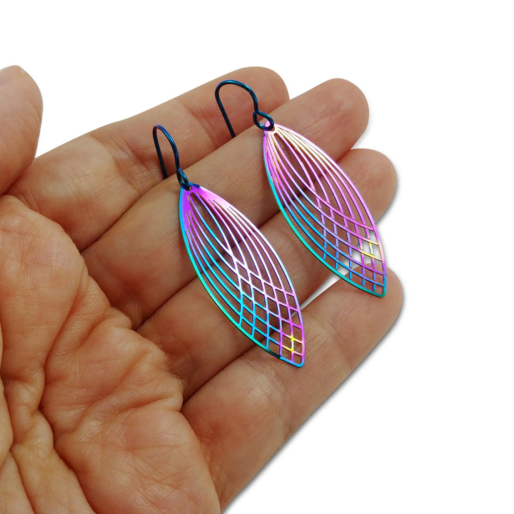 Long oval ellipse earrings, Rainbow filigree dangle earrings, Lightweight colorful earrings, Hypoallergenic niobium jewelry