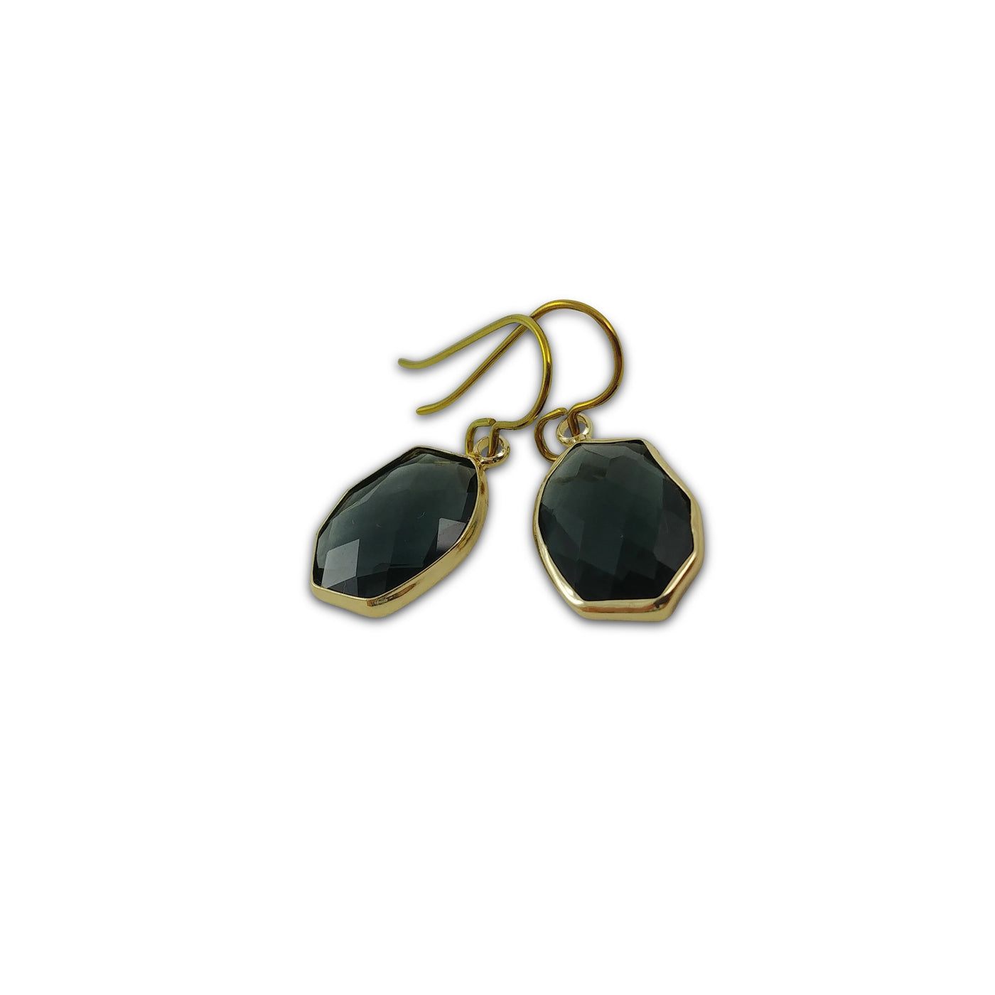 Black crystal dangle earrings, Gold wrapped crystal earrings, Faceted oval drop earrings, Nickel free jewelry