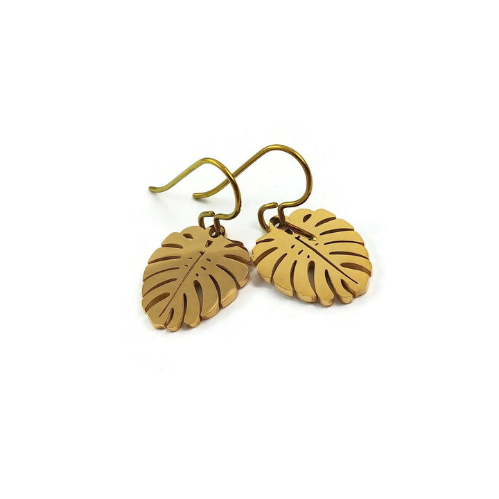 Dainty gold leaf earrings, Niobium and stainless botanical earrings, Palm leaf tropical jewelry gift