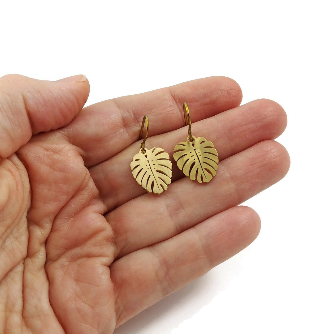 Dainty gold leaf earrings, Niobium and stainless botanical earrings, Palm leaf tropical jewelry gift
