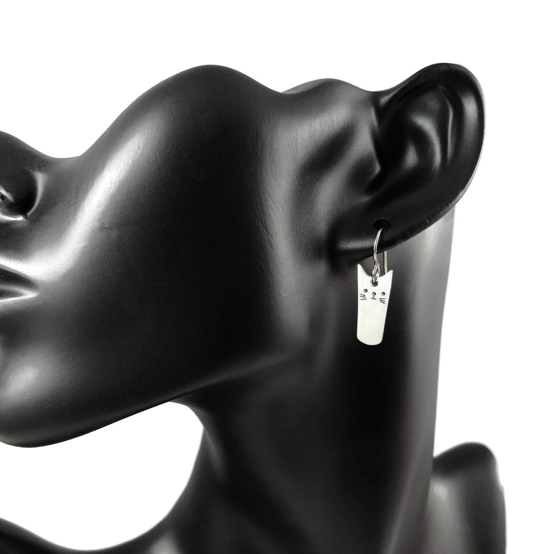 Cute cat earrings, Pure titanium dangle earrings, Hypoallergenic silver earrings, Fun gift for her