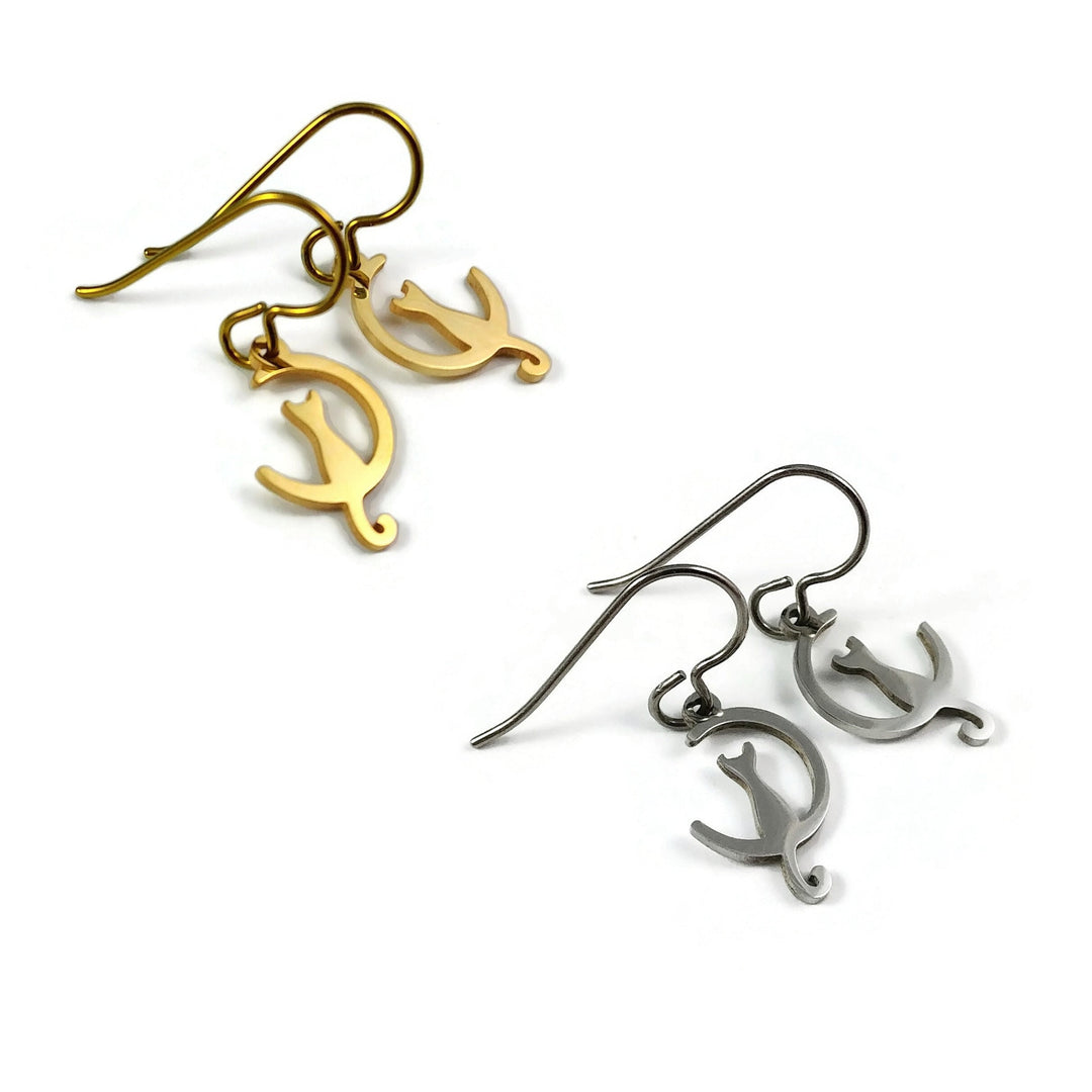 Dainty cat and moon earrings, Pure titanium silver earrings, Niobium gold dangle earrings, Cute gift for her