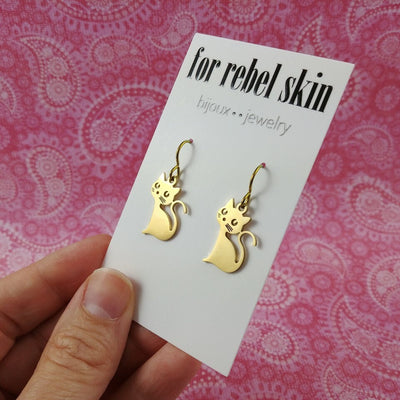 Elegant cat earrings, Pure niobium dangle earrings, Hypoallergenic gold earrings, Siamese cat lovers gift