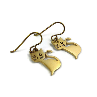 Elegant cat earrings, Pure niobium dangle earrings, Hypoallergenic gold earrings, Siamese cat lovers gift