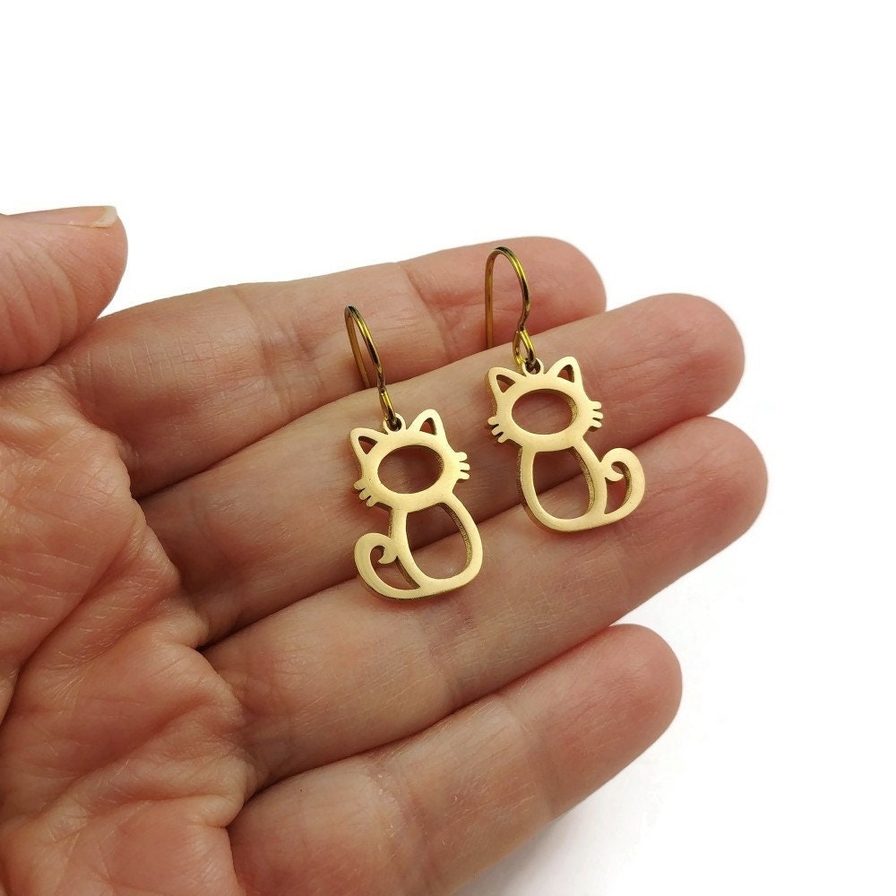 Cute kitten earrings, Pure niobium dangle earrings, Hypoallergenic gold earrings, Cat lovers gift