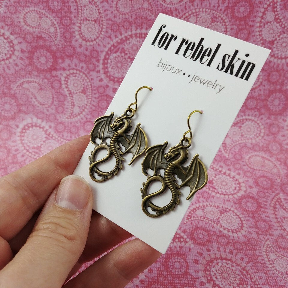 Statement dragon earrings, Niobium medieval dangle earrings, Fantasy jewelry gift, Nickel free sensitive ears earrings