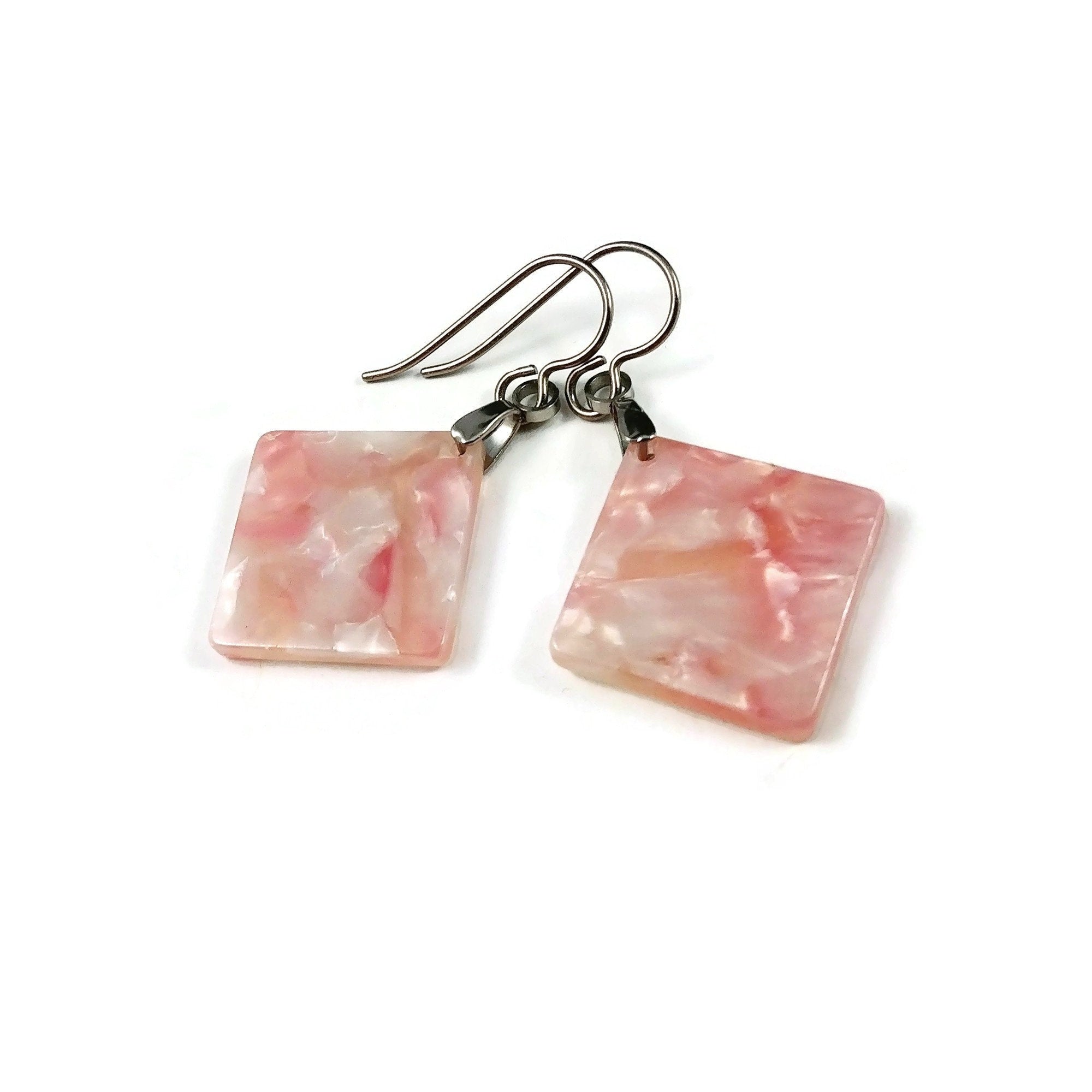 Pink square dangle earrings, Hypoallergenic pure titanium jewelry, Geometric drop resin earrings