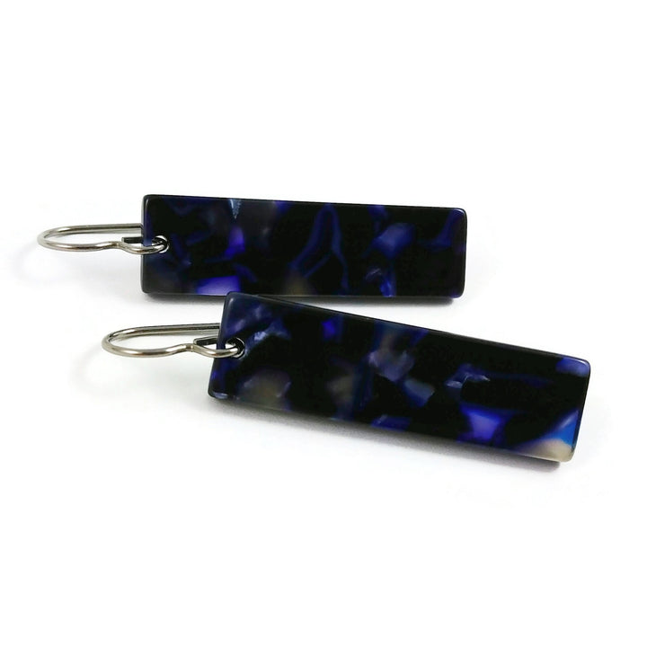 Blue, purple and black dangle earrings, Hypoallergenic pure titanium jewelry, Modern acetate rectangle earrings