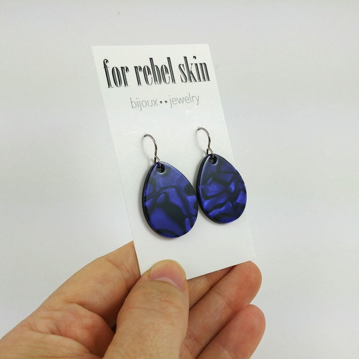 Deep purple and black dangle earrings, Hypoallergenic pure titanium jewelry, Modern acetate drop earrings