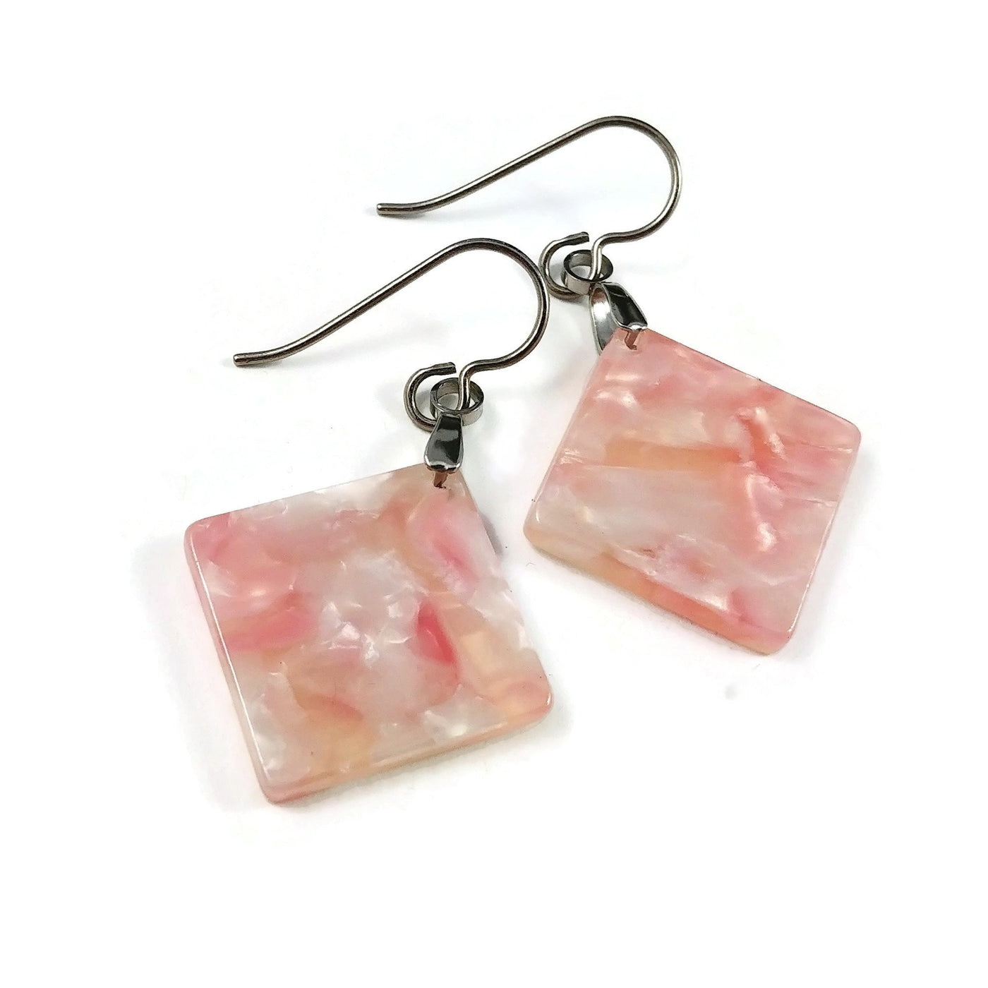 Pink square dangle earrings, Hypoallergenic pure titanium jewelry, Geometric drop resin earrings