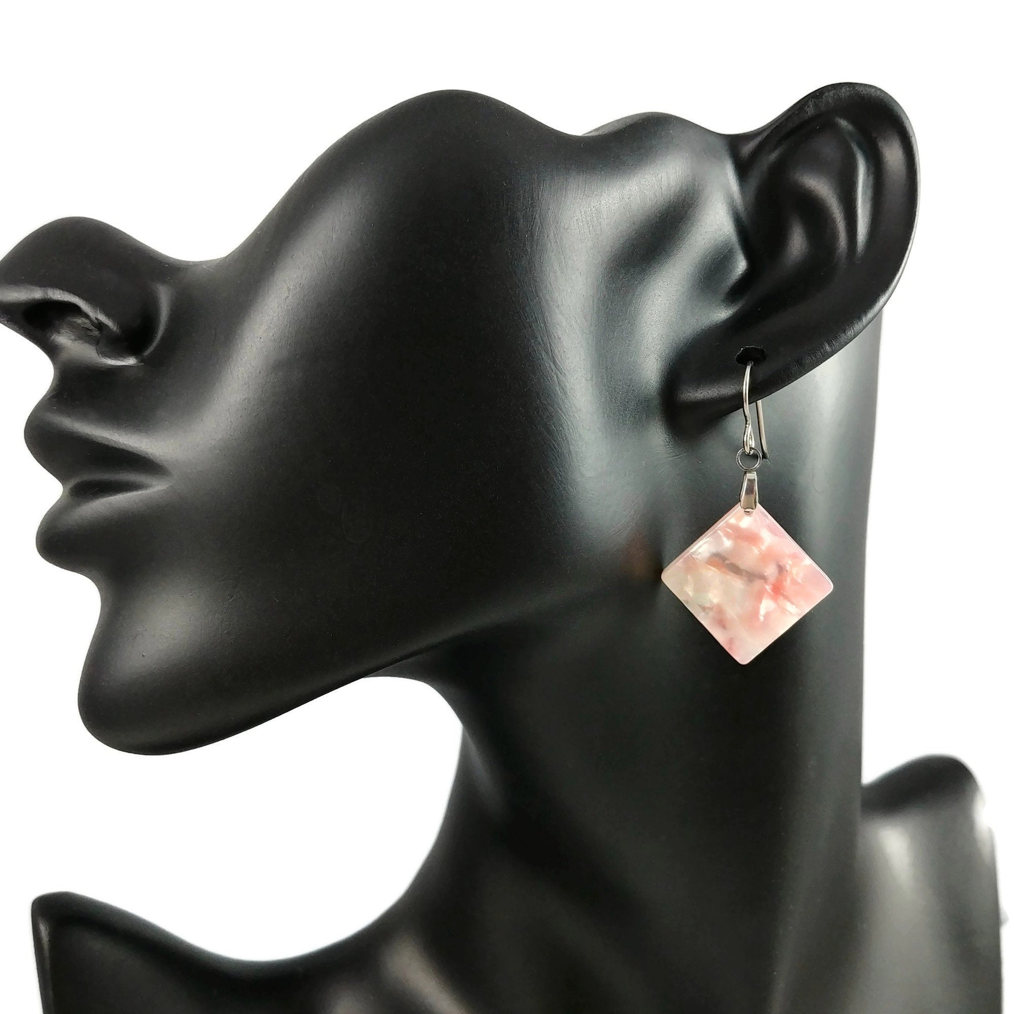 Pink square dangle earrings, Hypoallergenic pure titanium jewelry, Geometric drop resin earrings