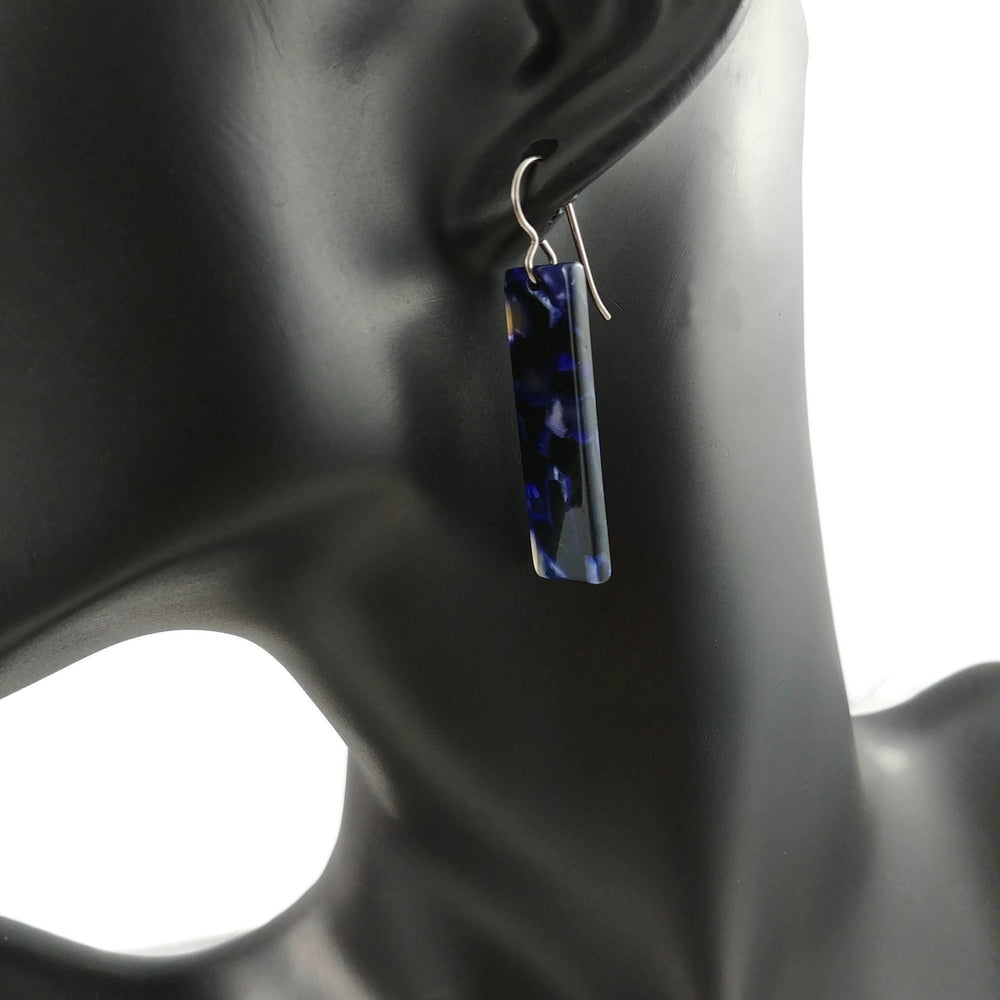 Blue, purple and black dangle earrings, Hypoallergenic pure titanium jewelry, Modern acetate rectangle earrings