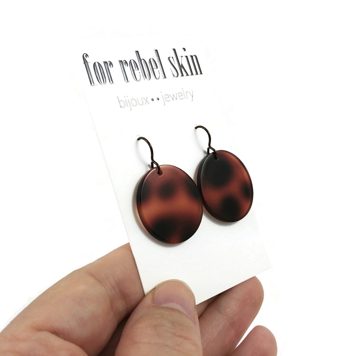 Brown and black dangle earrings, Hypoallergenic bronze niobium jewelry, Tortoise acetate round drop earrings