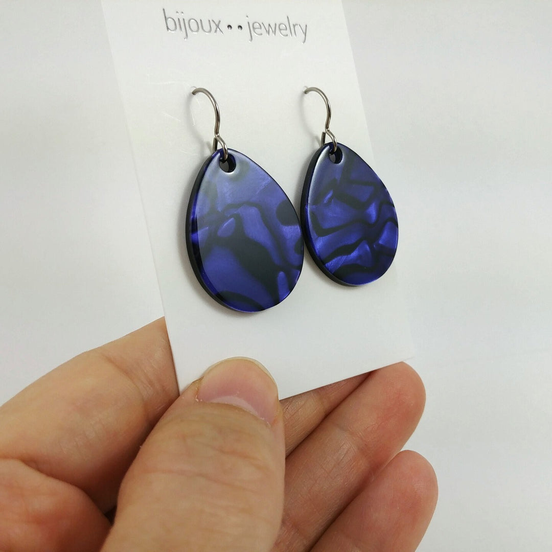 Deep purple and black dangle earrings, Hypoallergenic pure titanium jewelry, Modern acetate drop earrings
