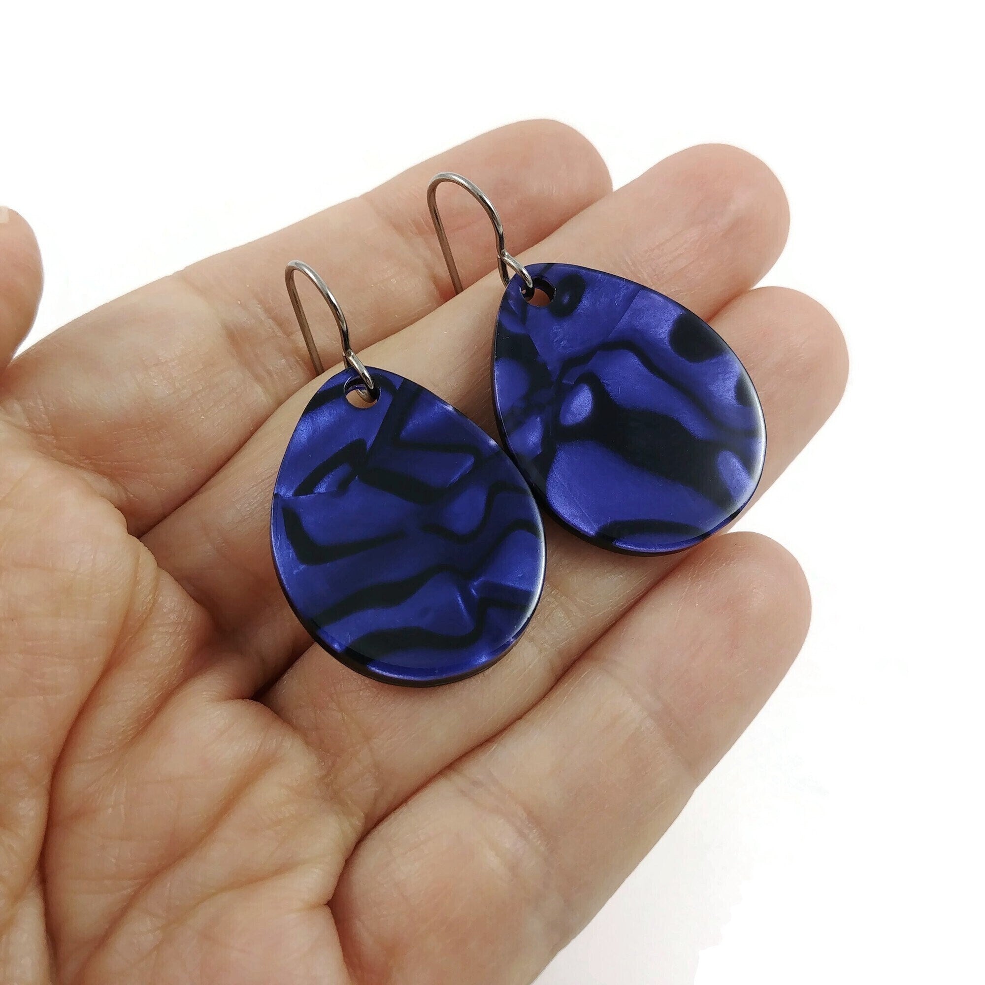 Deep purple and black dangle earrings, Hypoallergenic pure titanium jewelry, Modern acetate drop earrings